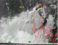 Giant mushroom cloud from the Pinatubo eruption seen from space. Philippine coastline in red. Credit: Rick Holasek.