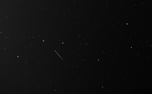This is a photo of a meteor coming from the direction of the constellation Leo, the Lion, which lies ‘under’ the Big Dipper in the sky. Since it was taken on November 17th, I know it’s a member of the Leonid Meteor Shower, which happens each year around that date.