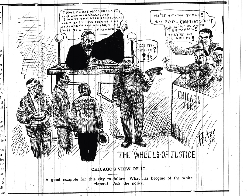 Also published in the Washington Bee, this August 1919 cartoon denounced the decision of the Illinois state’s attorney to only indict African Americans (many of whom had defended themselves against mob attacks) after Chicago’s 1919 race riot. Evidence of white crimes against blacks collected by the NAACP led the grand jury in Chicago to go “on strike” until the state’s attorney presented cases against white defendants, an action also referenced by the cartoon.  