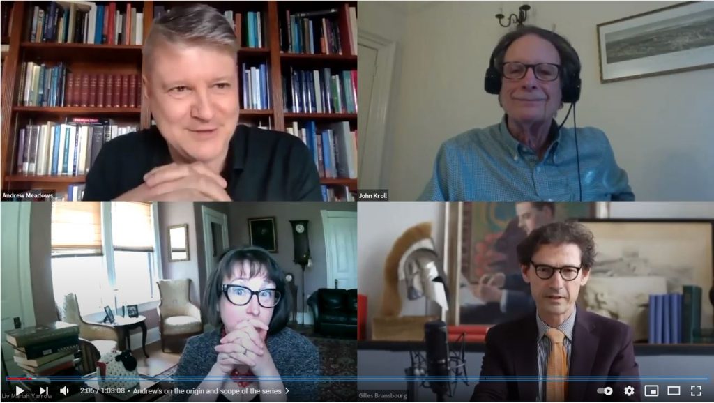 A screenshot of Andrew Meadows, John Kroll, Liv Maria Yarrow and Gilles Bransbourg during the webinar