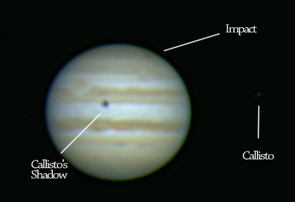 Labeled Photograph of Jupiter, Callisto, and impact site