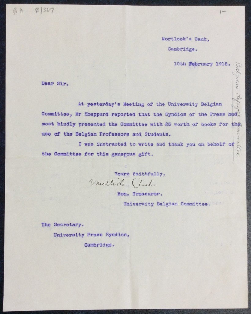 Letter dated 10th February 1915, from the Hon. Treasurer, University Belgian Committee. Original held at Cambridge University Library.