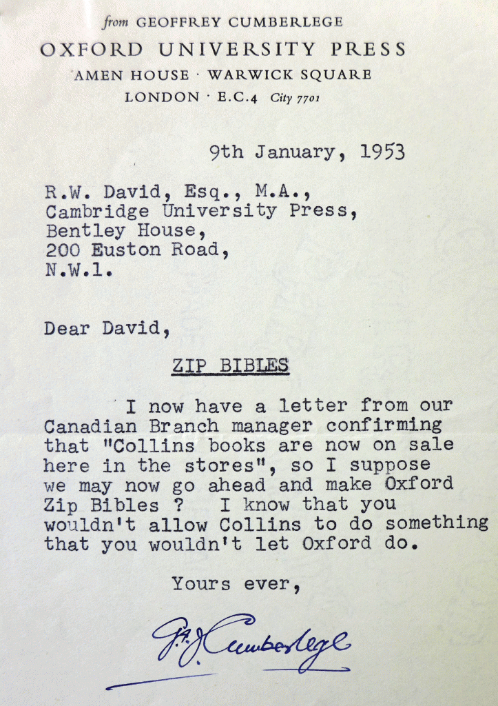 Cumberlege's letter to David, 9th January 1953.