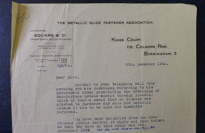 The Metallic Slide Fastener Association letter to Cambridge University Press in 1948.