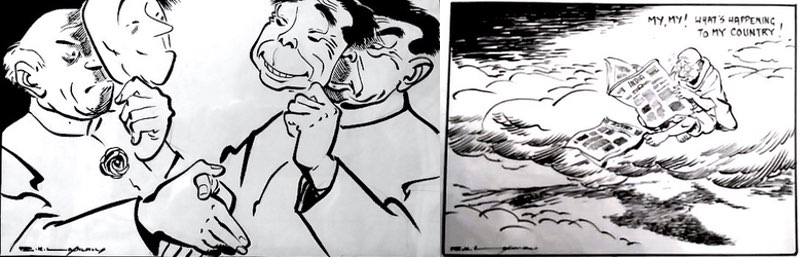 Left: R. K. Laxman on the Sino-Indian conflict. Detail. 1960. Author’s collection. Right: R. K. Laxman, “Mahatma’s dilemma”. This was one of President A. P. J. Kalam’s favorite cartoons. 2002. Courtesy Dharmendra Bhandari.