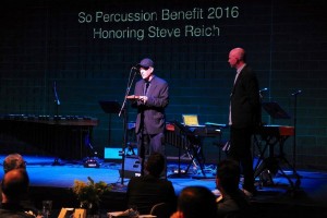 Steve Reich accepting the pulse 'piece of wood'