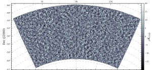 map of the E-mode polarization of the CMB in a patch of about 1% of the sky, observed by the SPTpol camera on SPT.