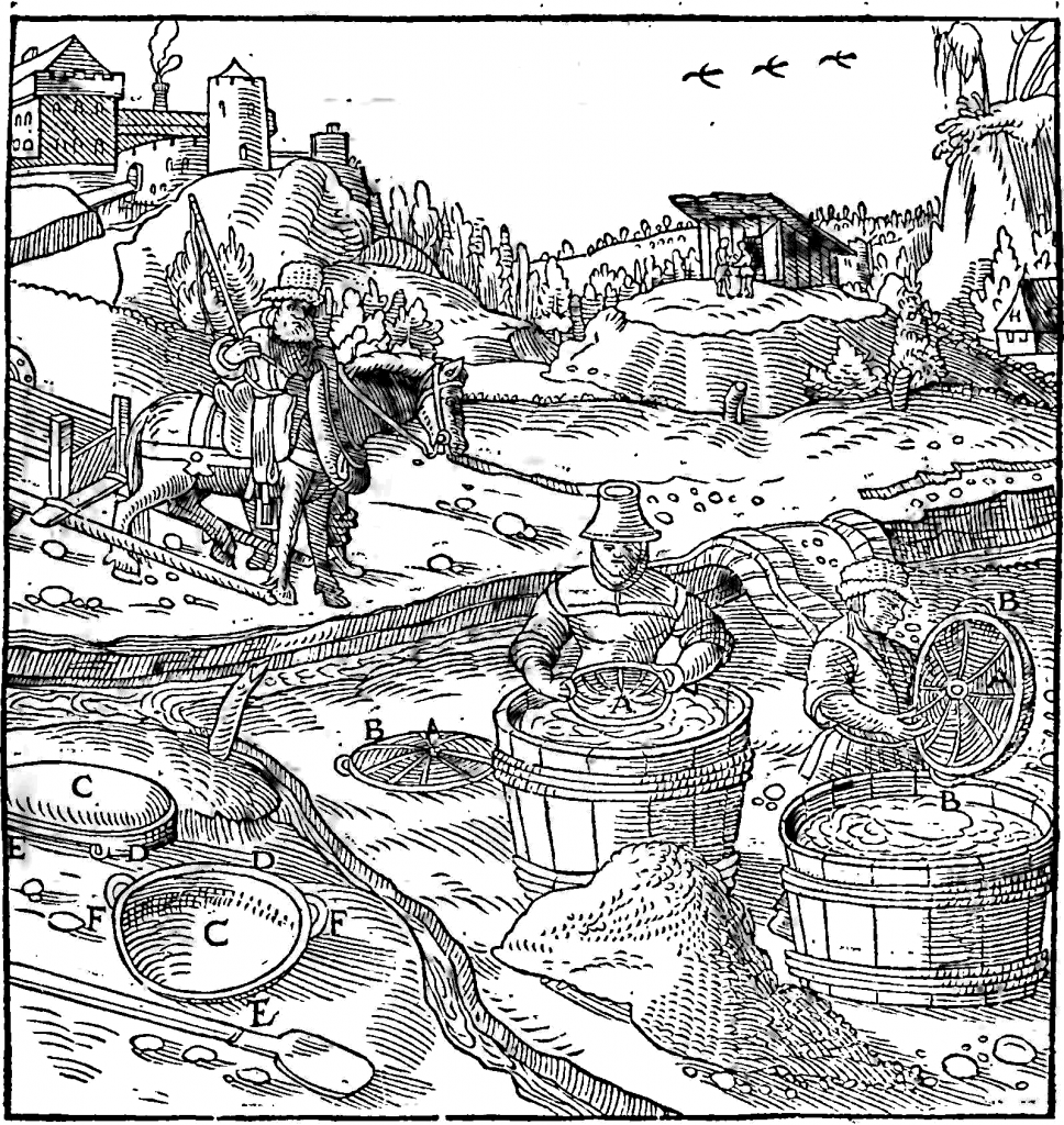 A black and white woodcut image of mining from 1556. In the foreground, two workers pan for gold using large wooden tubs. In the midground there is a bridge over a small stream and a man riding a horse that is pulling a cart. In the background a castle on a hill can be seen.