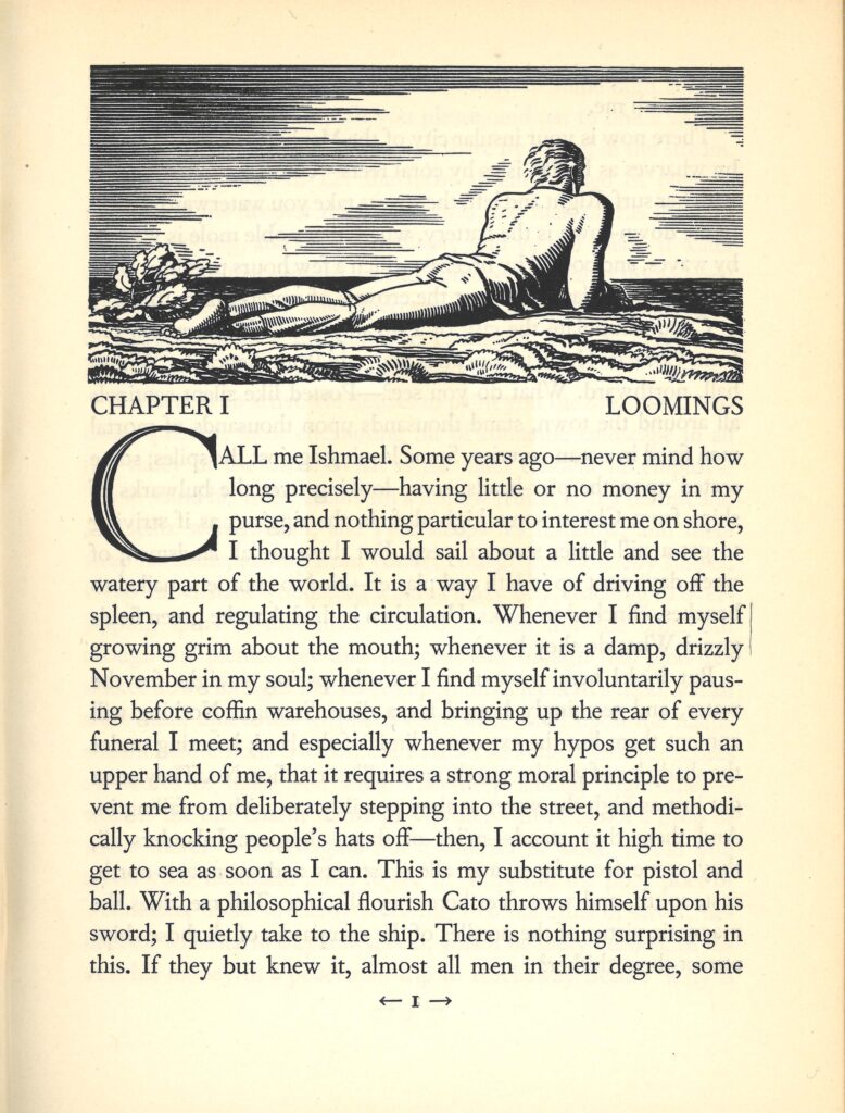 Rockwell Kent, page 1 from Herman Melville’s Moby Dick: Or, the Whale (1851). New York: Random House, 1930. Image rights courtesy of Plattsburgh State Art Museum, State University of New York, USA, Rockwell Kent Collection, Bequest of Sally Kent Gorton. All rights reserved.